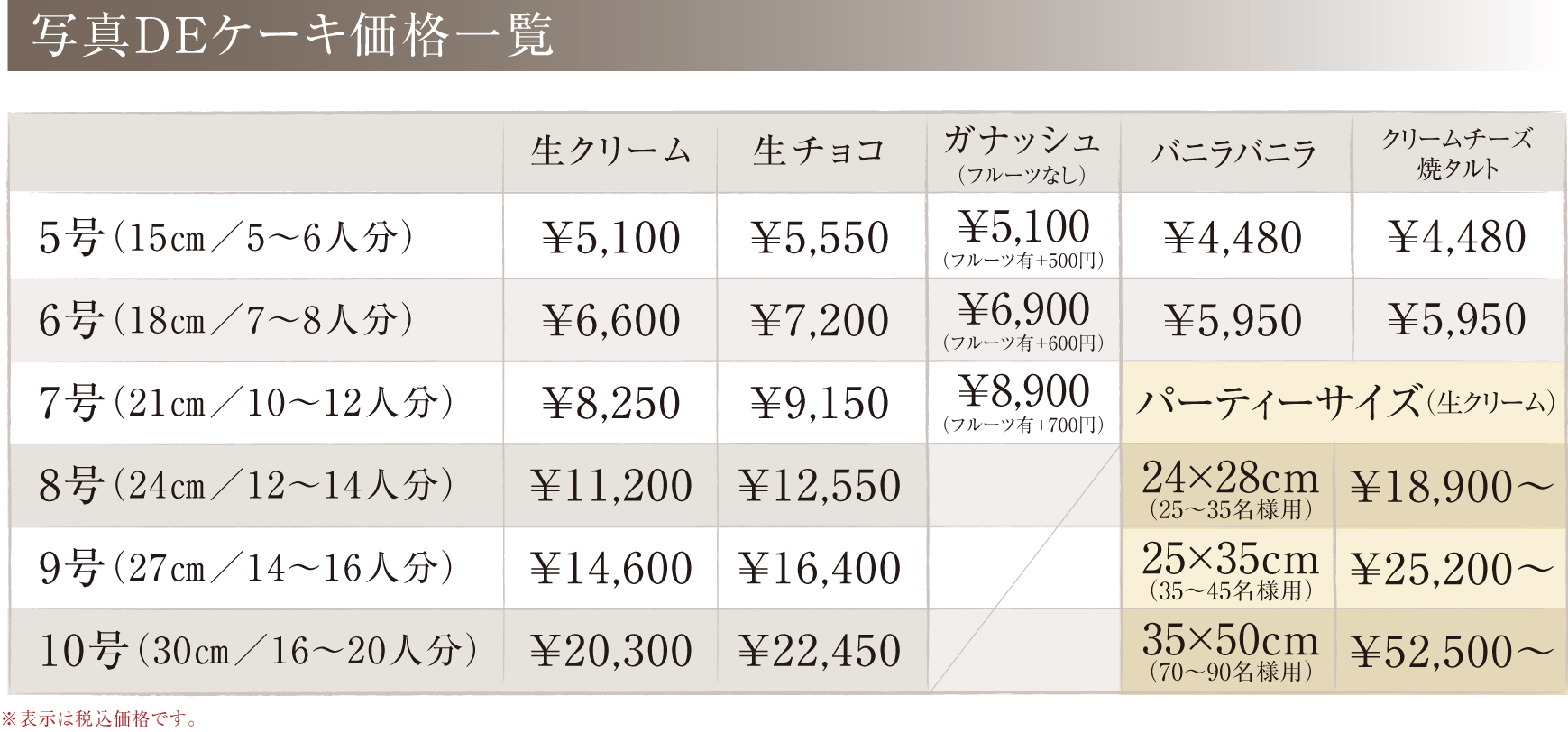 ケーキ価格一覧